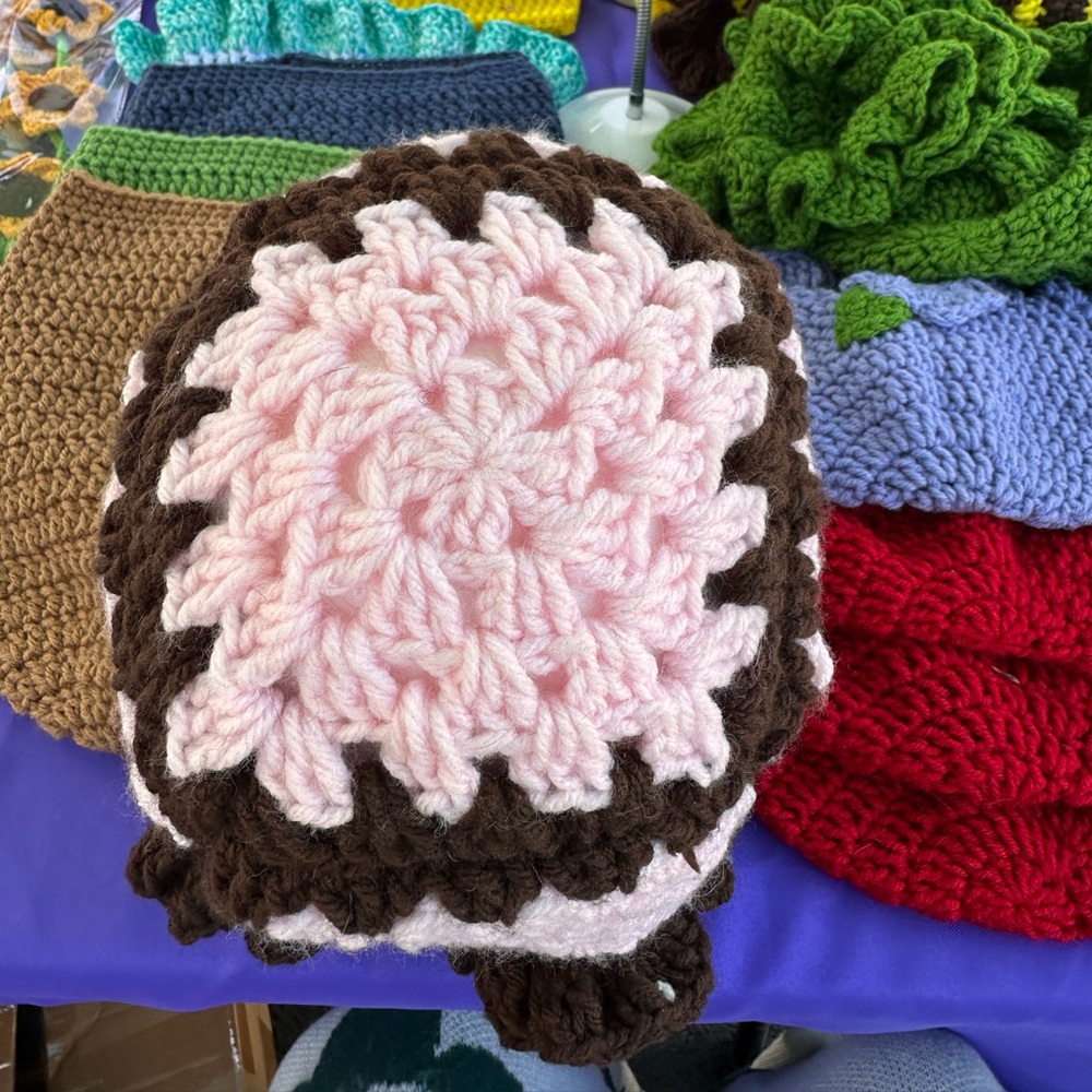 Pink and Brown Crochet granny square bucket hat. 100% acrylic yarn.